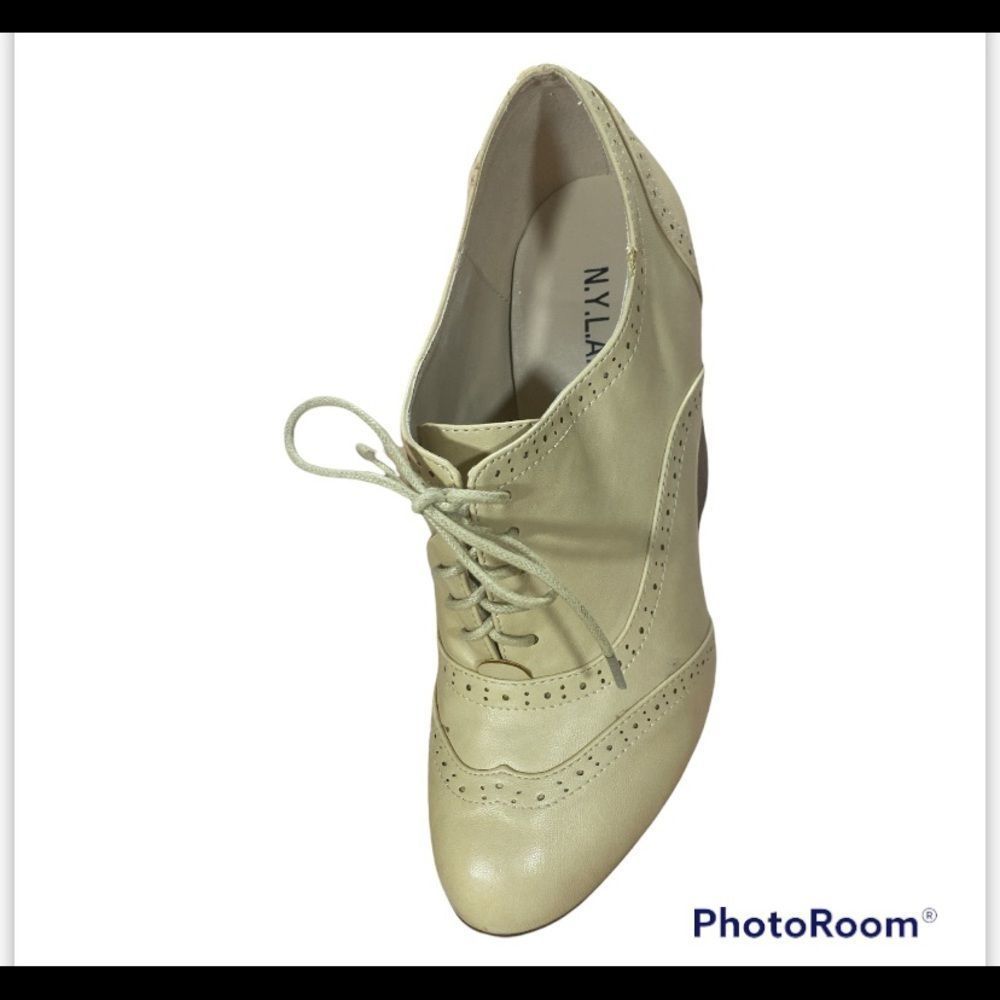 N.Y.L.A Dazey Beige Wingtip Platform High Block Heel Pumps Oxfords  Size…